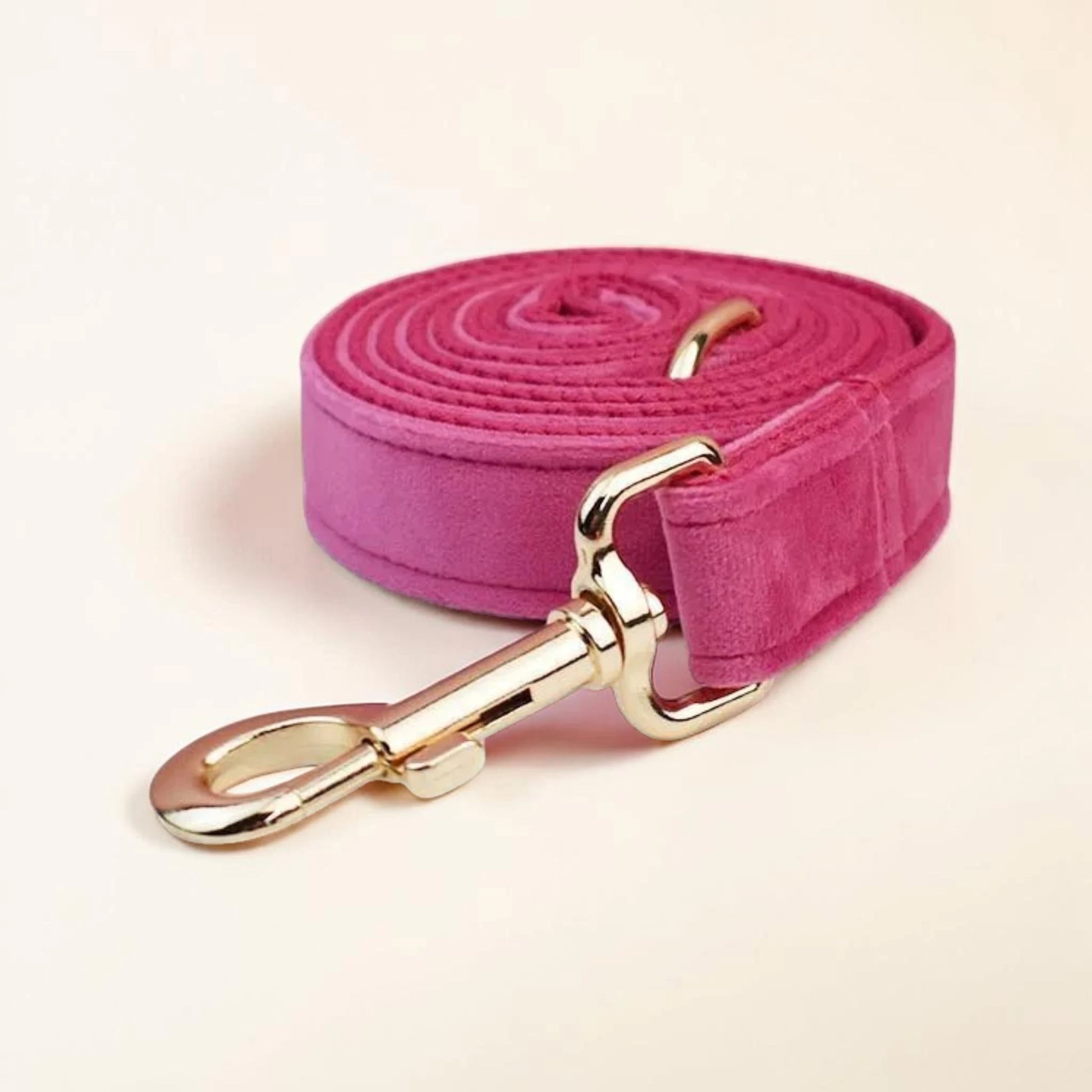 Pink dog lead with gold clip on a light beige background