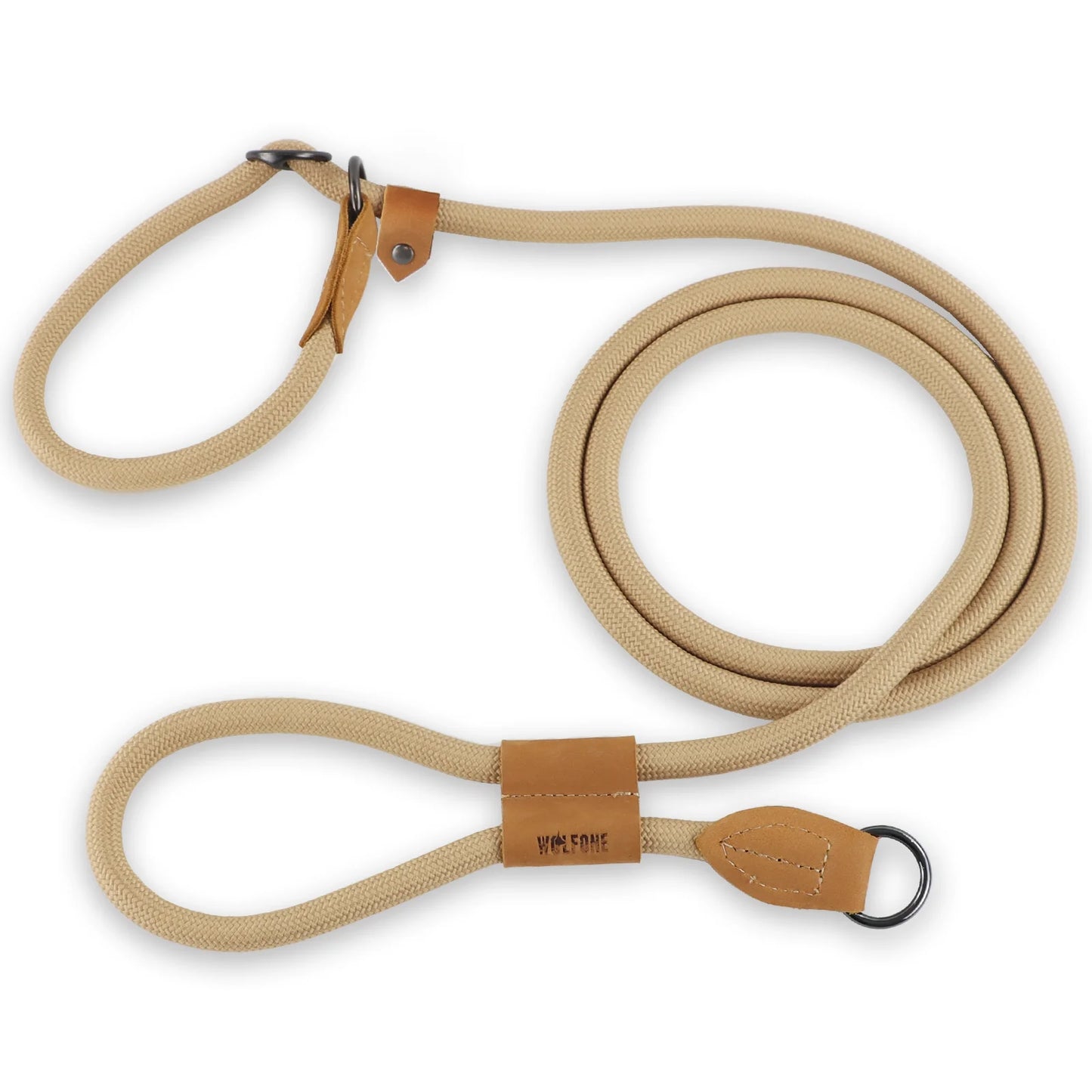Beige dog lead with brown leather ends on a white background