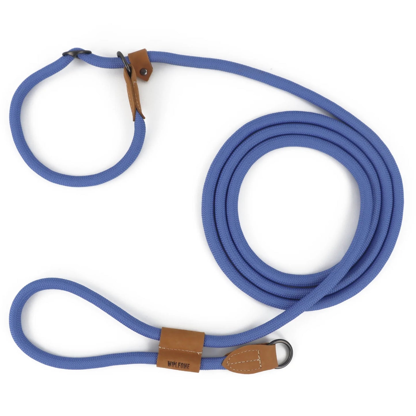 Blue dog lead with brown leather clips on a white background
