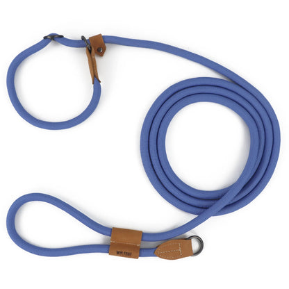 Blue dog lead with brown leather clips on a white background