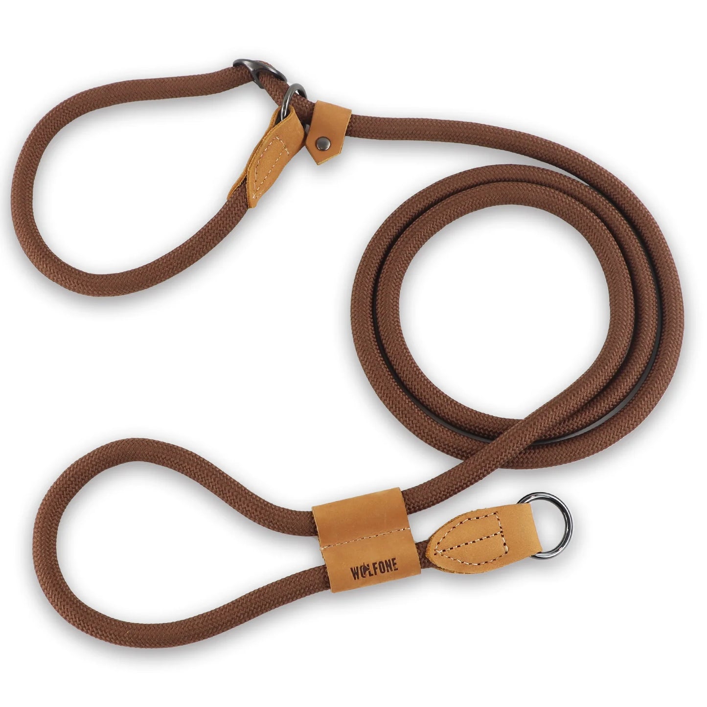 Brown dog lead with leather handles and metal clips on a white background