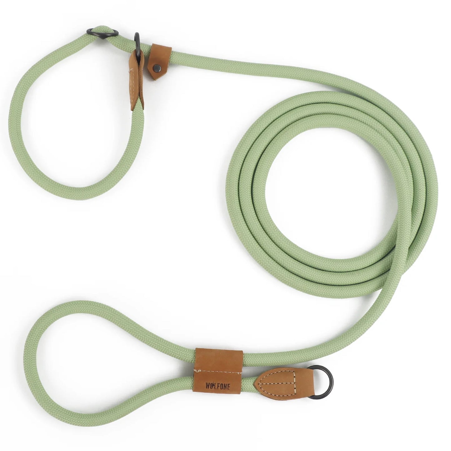Light green dog lead with brown leather loops on a white background