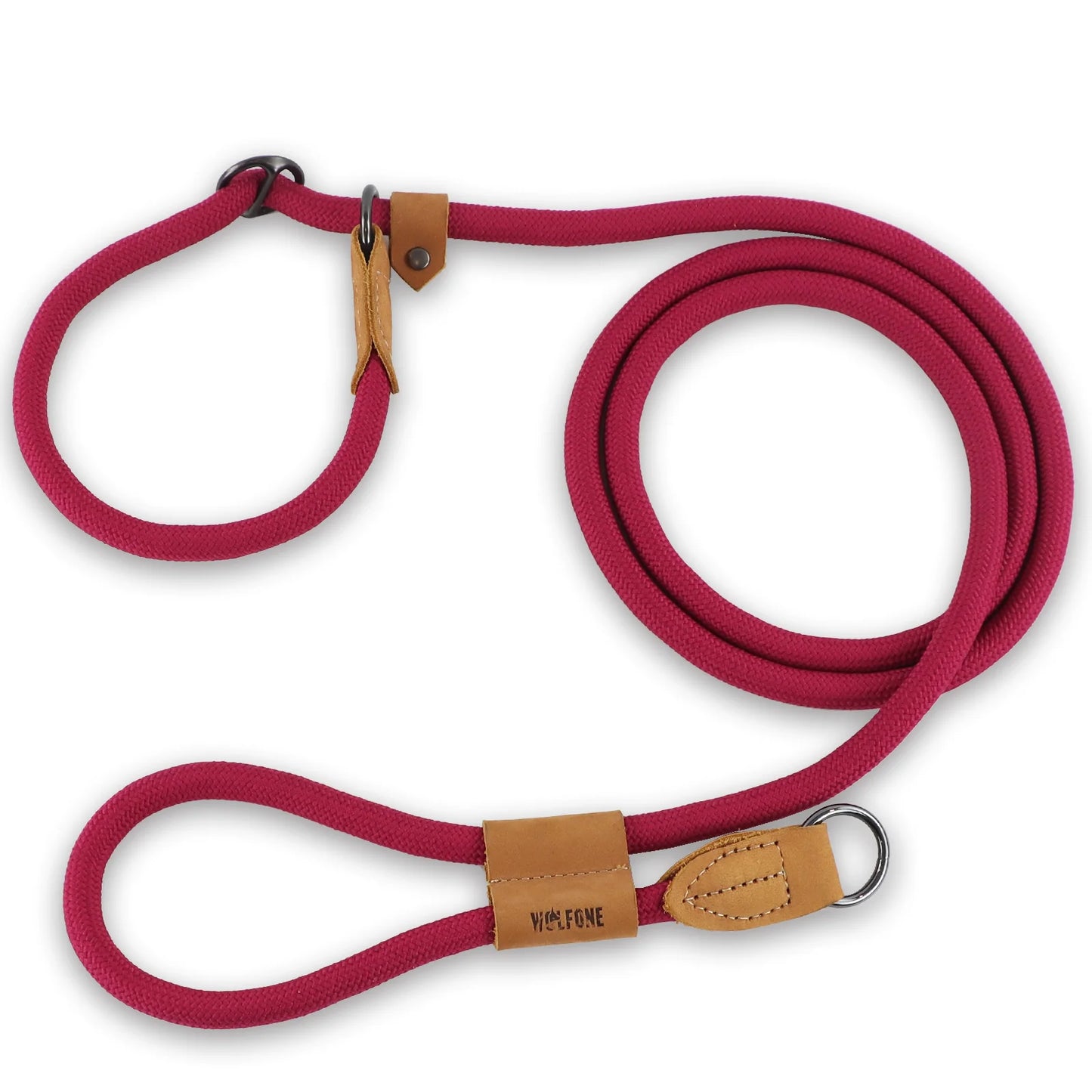 Red dog lead with brown leather accents on a white background