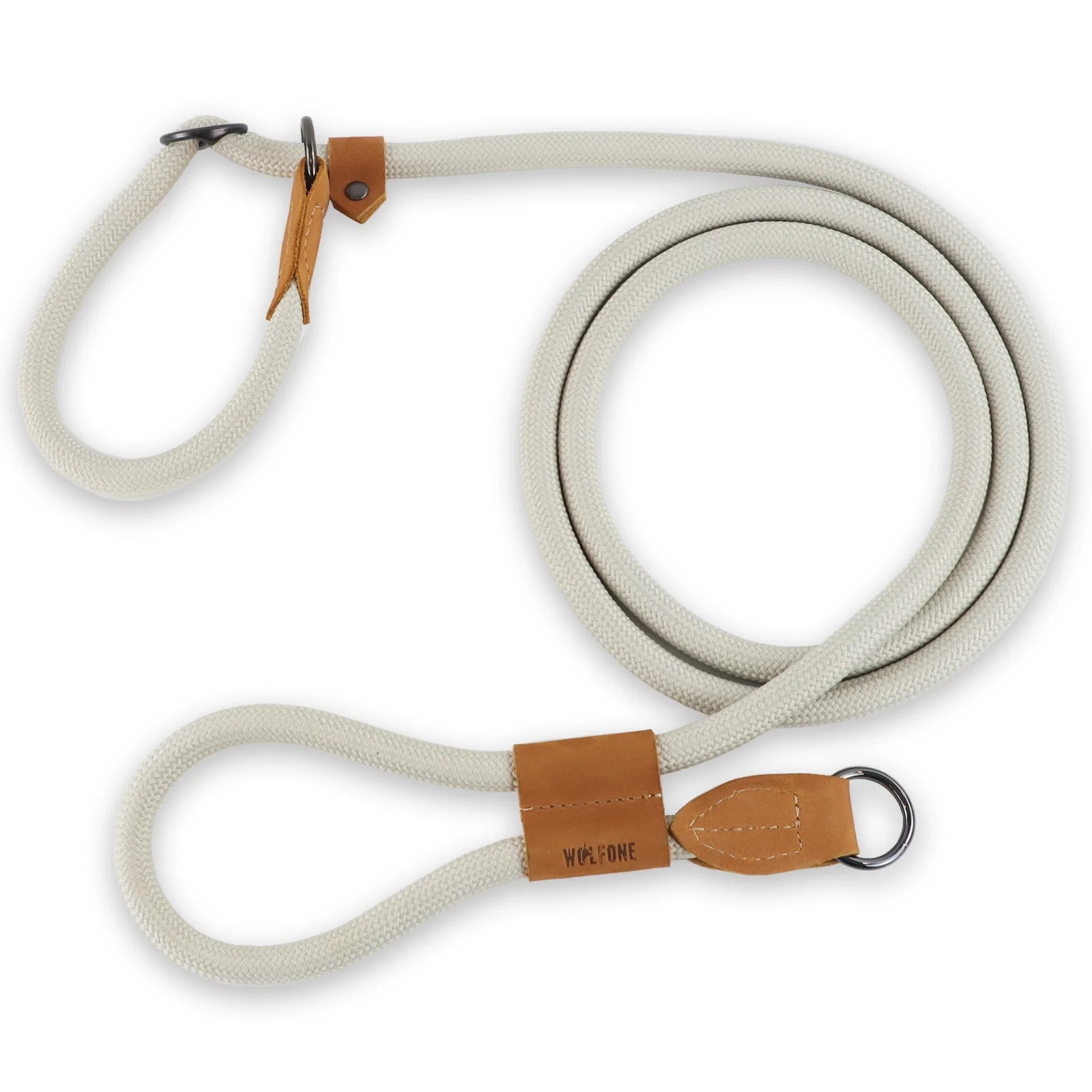 White dog lead with brown leather ends and clips on a white background
