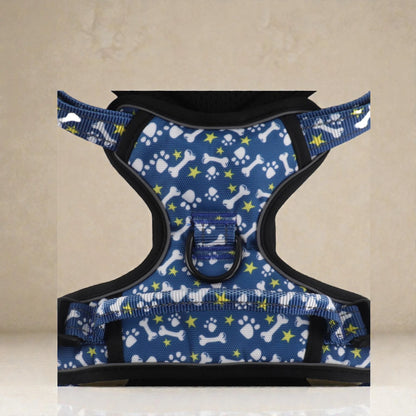 Dog harness with blue pattern on a beige background