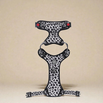 Cow print dog harness on a beige background