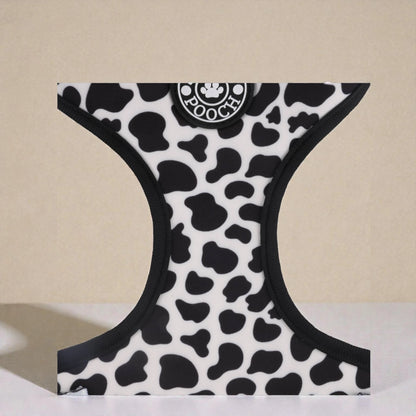 cow print detail of slip on dog harness