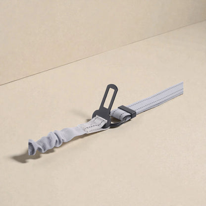 Grey and black dog lead with black seat belt attachment on a beige surface