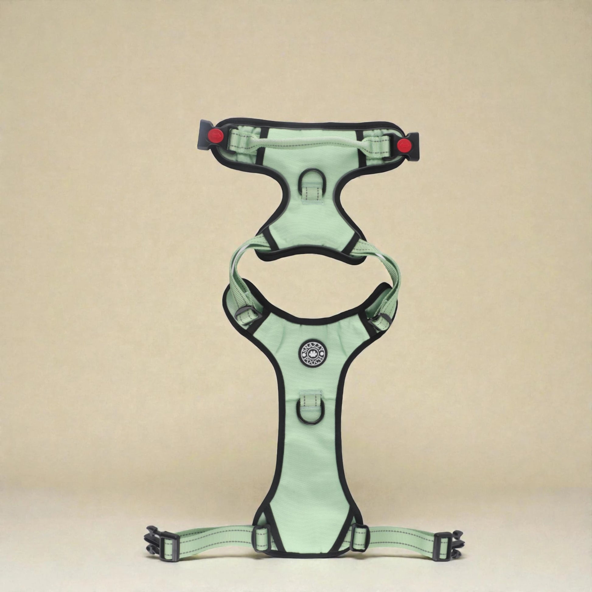 Peppermint green dog harness with black straps on a beige background
