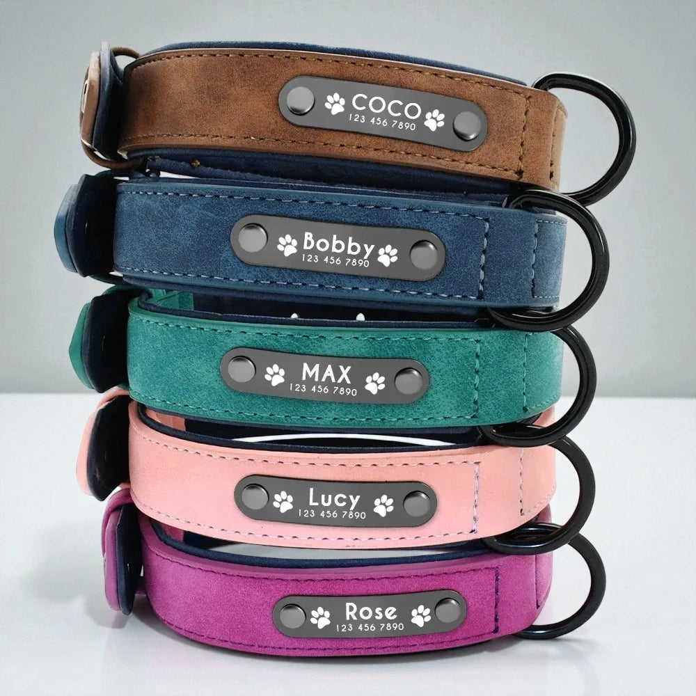Personalised Faux Leather Dog Collar with Laser-Engraved Nameplate  Soft Padded & Adjustable S – XXL