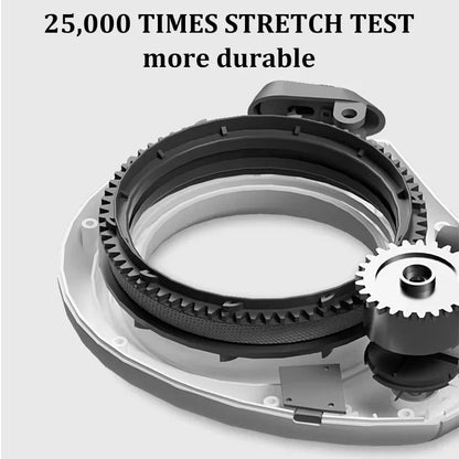 Mechanical component with text indicating a stretch test and durability on a white background
