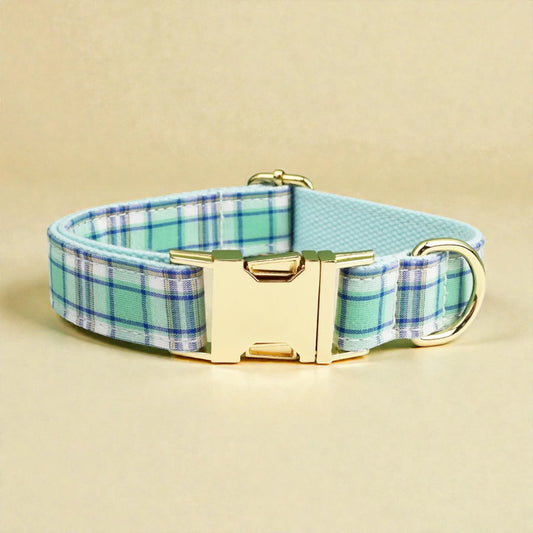 Dog collar in green with plaid pattern and gold buckle on a beige background