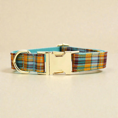 Plaid teal dog collar with gold buckle on a beige background