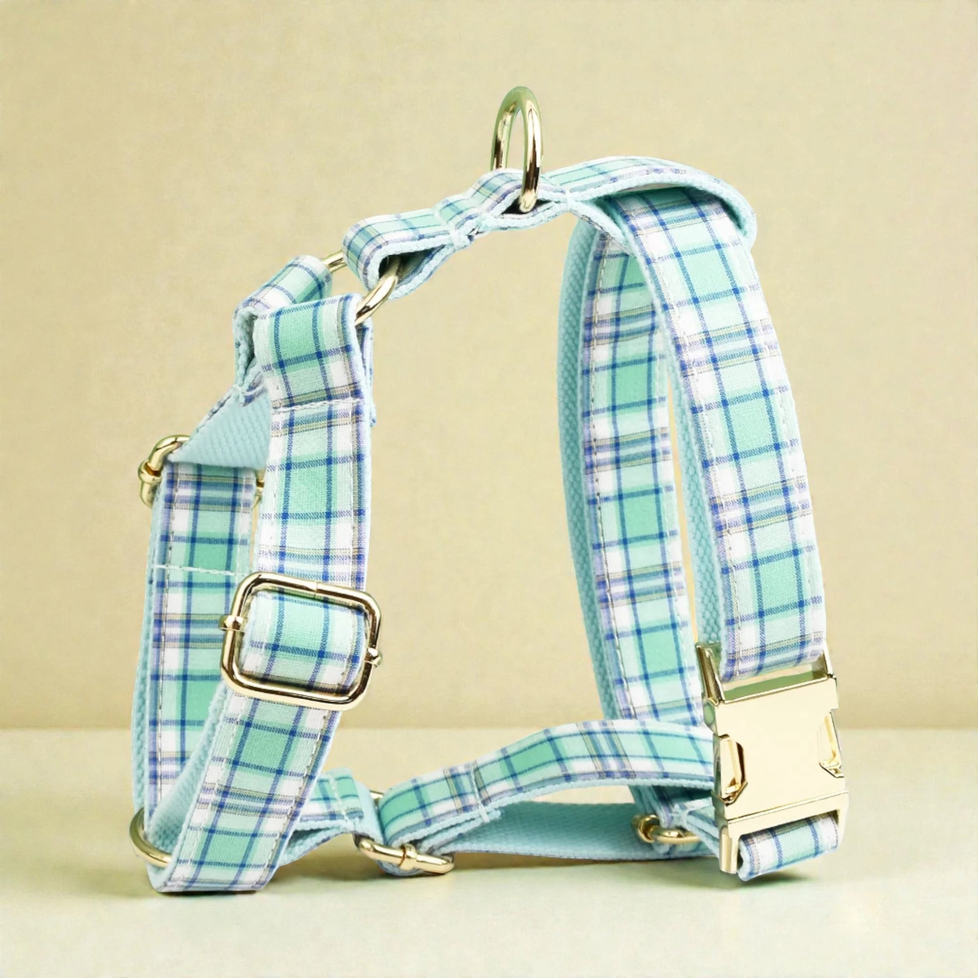 Plaid green dog harness with gold hardware on a beige background