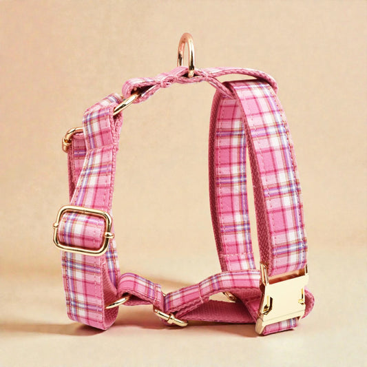 Pink plaid dog harness with gold hardware on a beige background