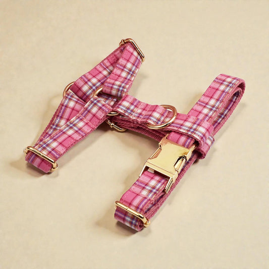 Pink plaid dog harness with gold hardware on a beige background