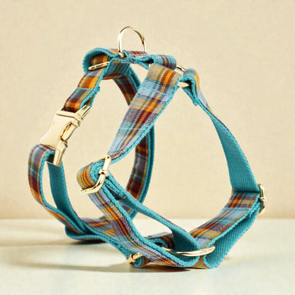 Plaid teal dog harness with straps on a beige background