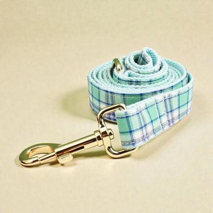 Plaid green dog lead with gold clasp on a beige background