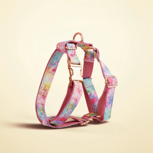 Pastel floral dog harness on a beige background