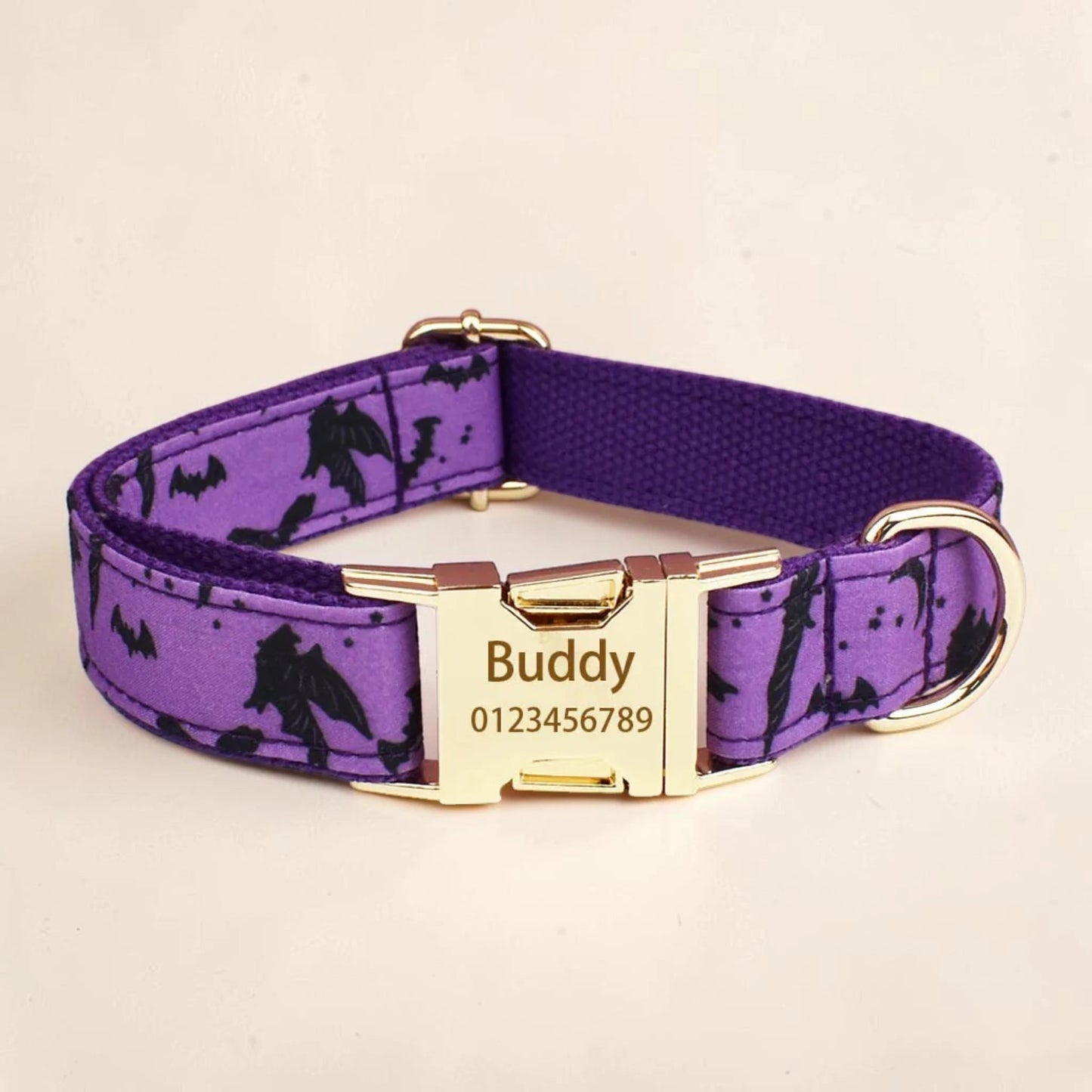Purple personalised Halloween dog collar with black bats and crescent moons