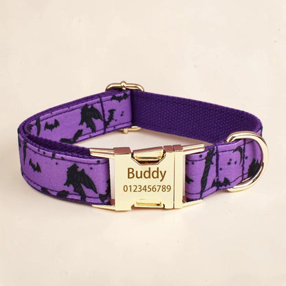 Purple personalised Halloween dog collar with black bats and crescent moons