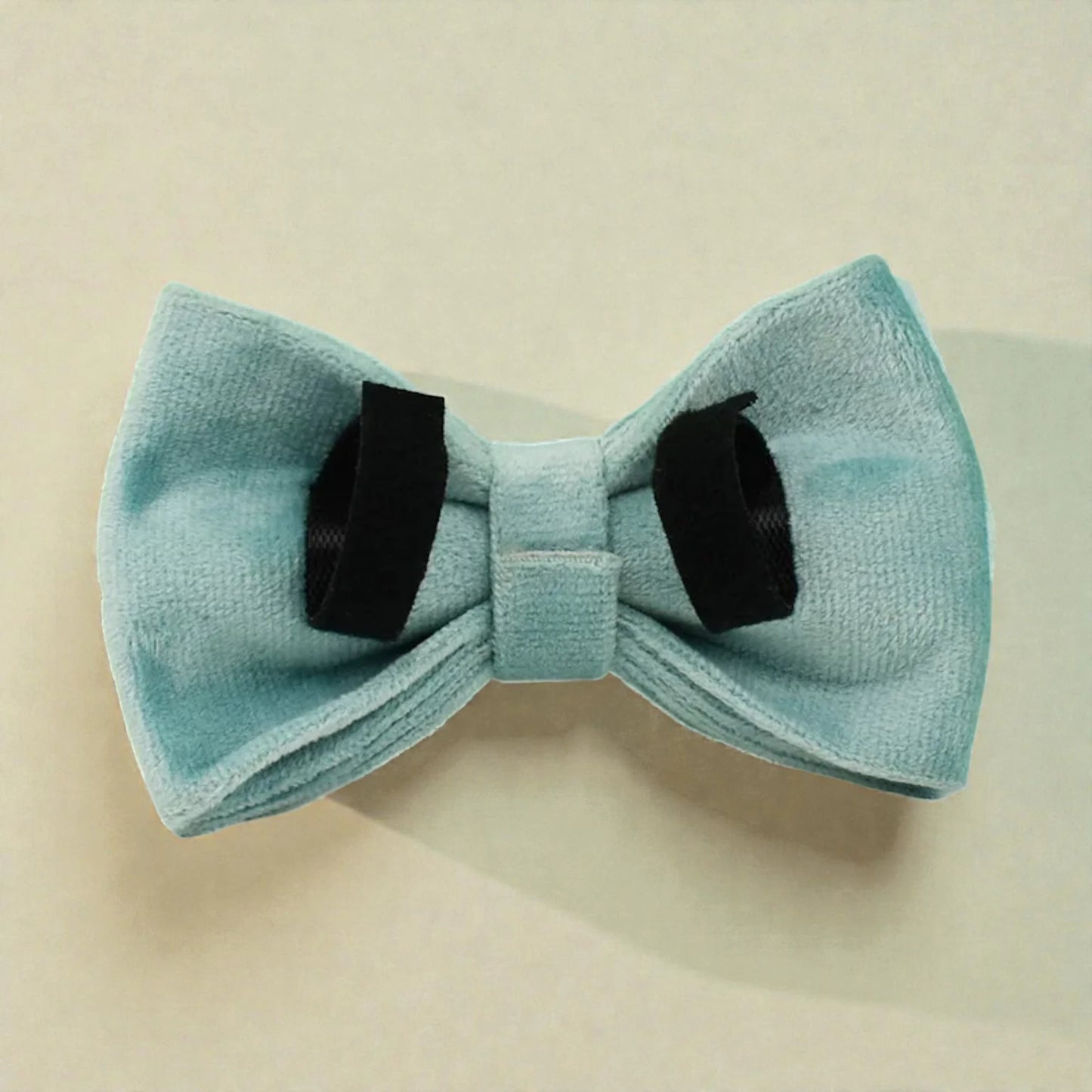 Teal bow tie with black ends on a beige background
