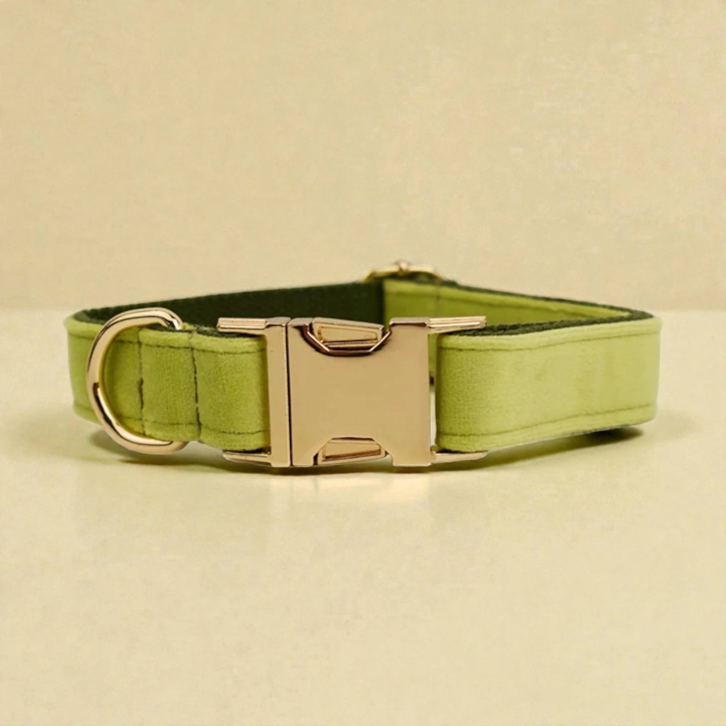 Green dog collar with a gold buckle on a beige background