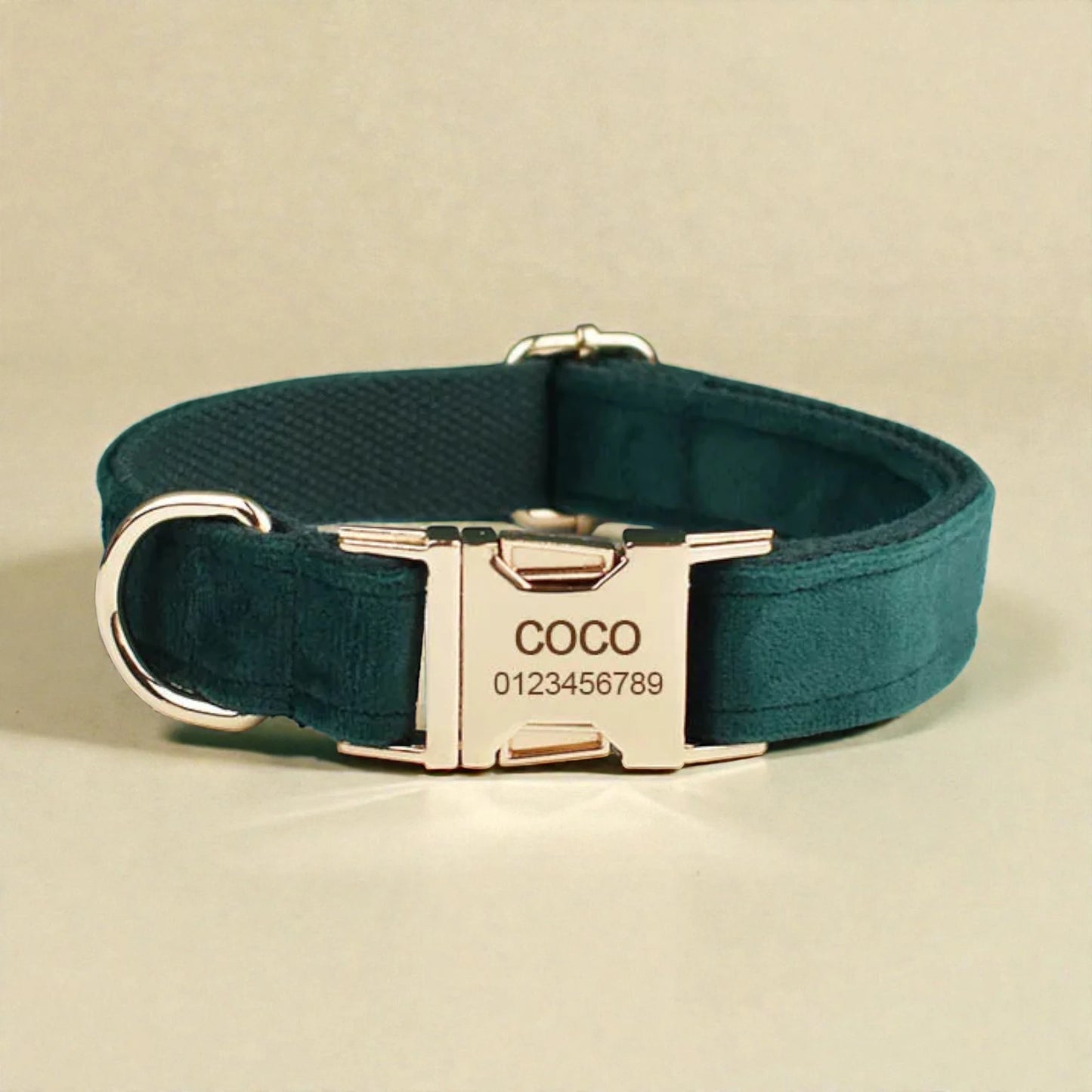 Dark green dog collar with a gold buckle and engraved nameplate on a beige background