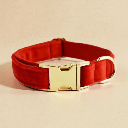 Red velvet dog collar with a gold buckle on a beige background.