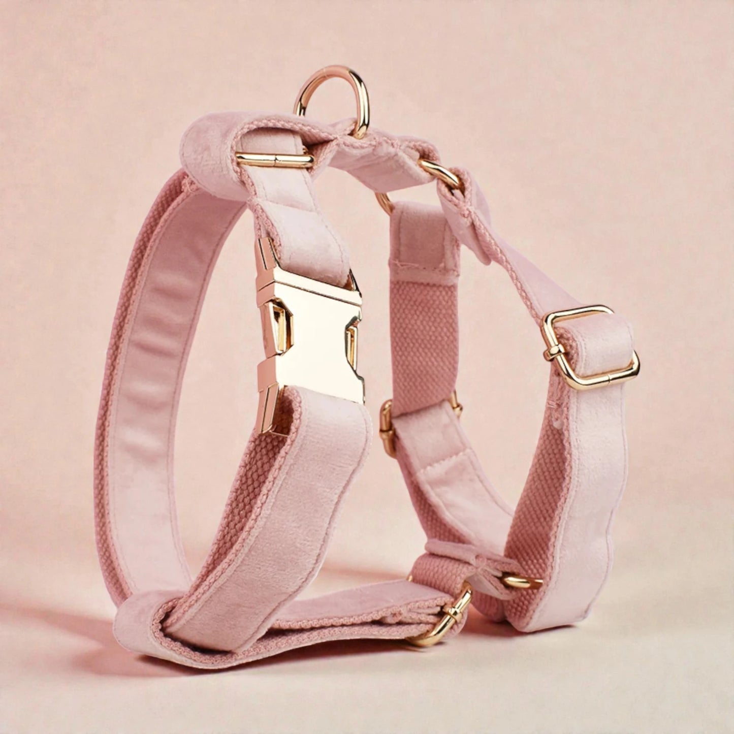 Pink dog harness with gold hardware on a light pink background
