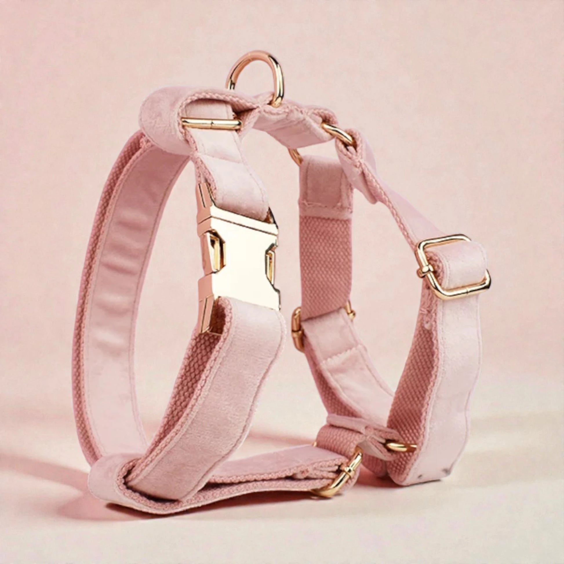 Pink dog harness with gold hardware on a light pink background