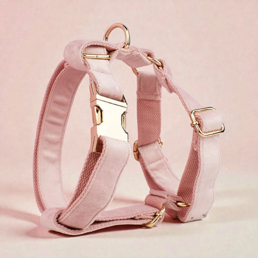 Pink dog harness with gold hardware on a light pink background