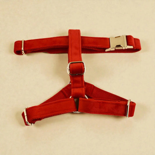 Red dog harness on a beige background