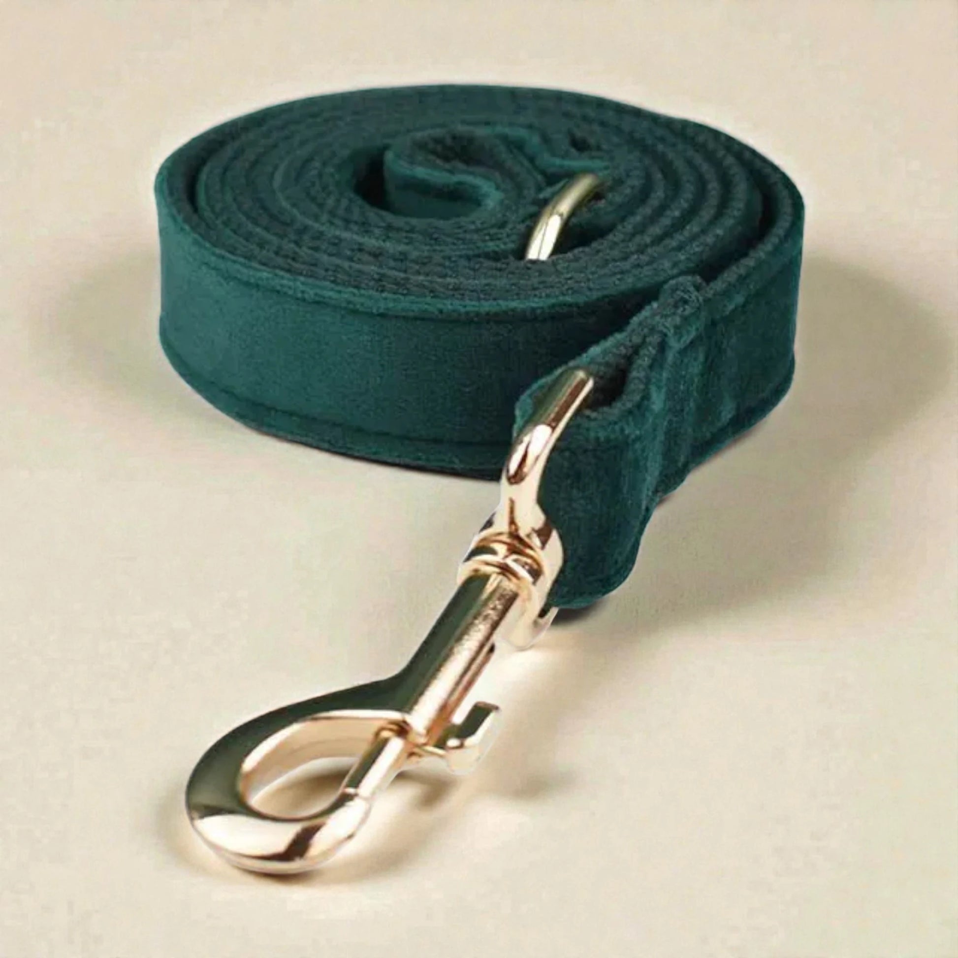 Green dog lead with gold clasp on a beige background