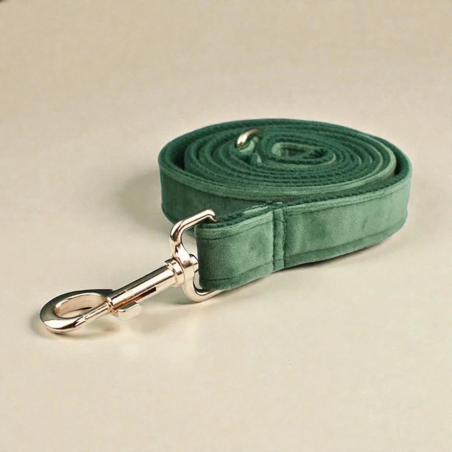 Green dog lead with silver clip on a beige background