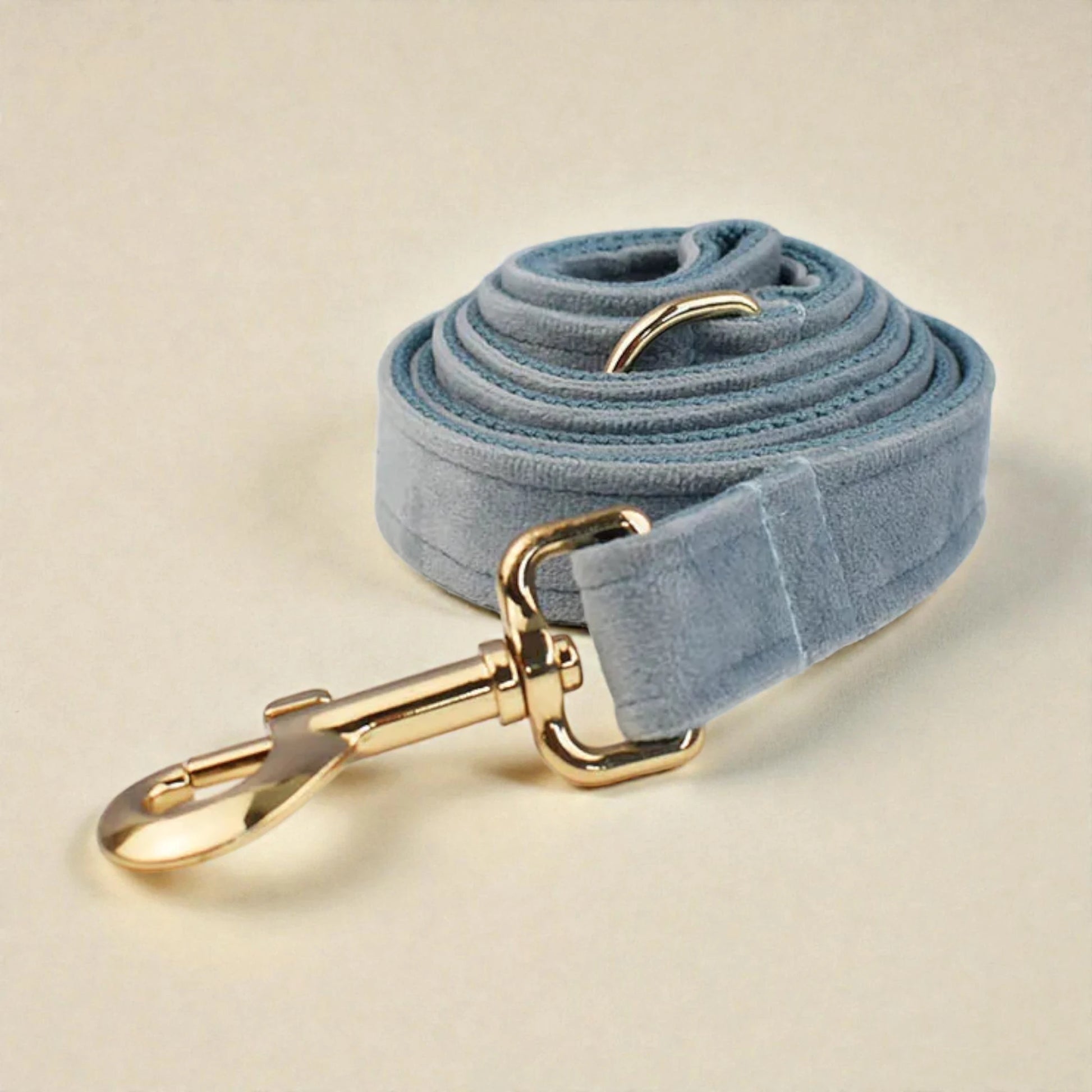 Light blue velvet dog leash with gold hardware on a beige background