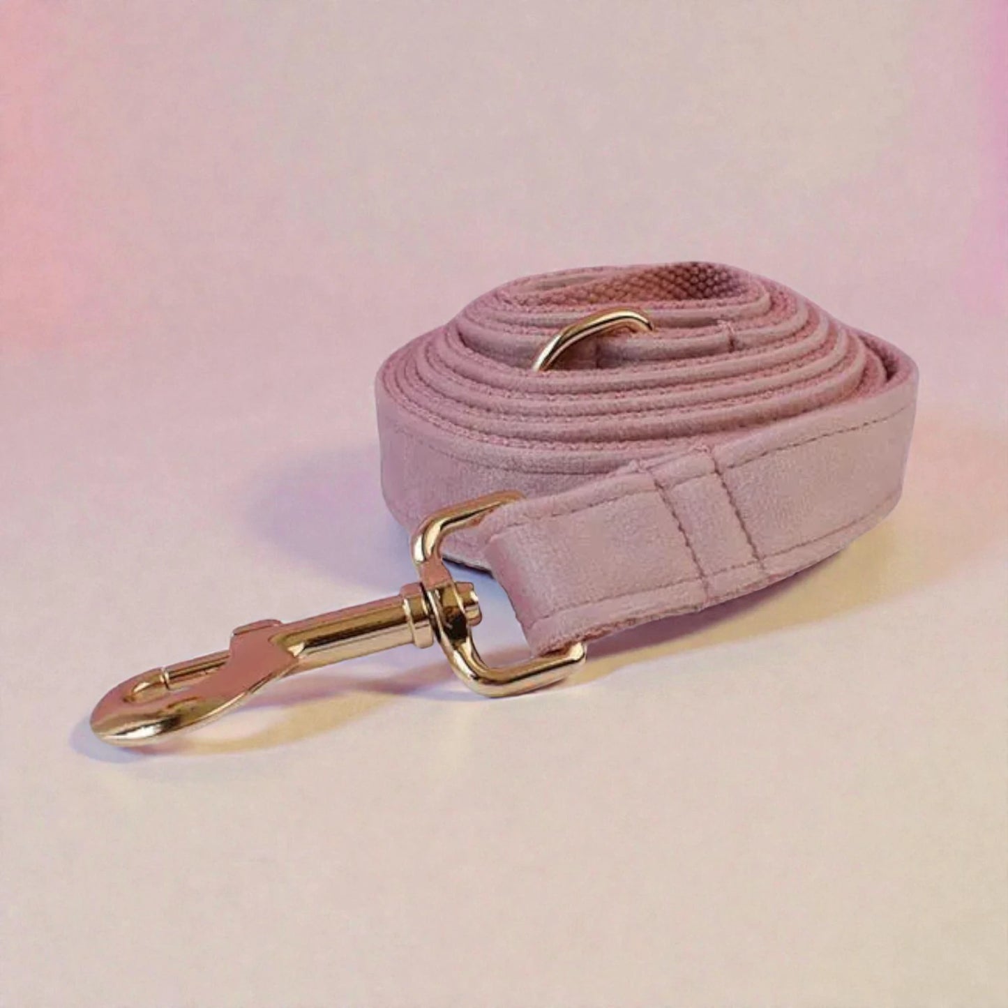 Pink dog lead with gold hardware on a soft pink background