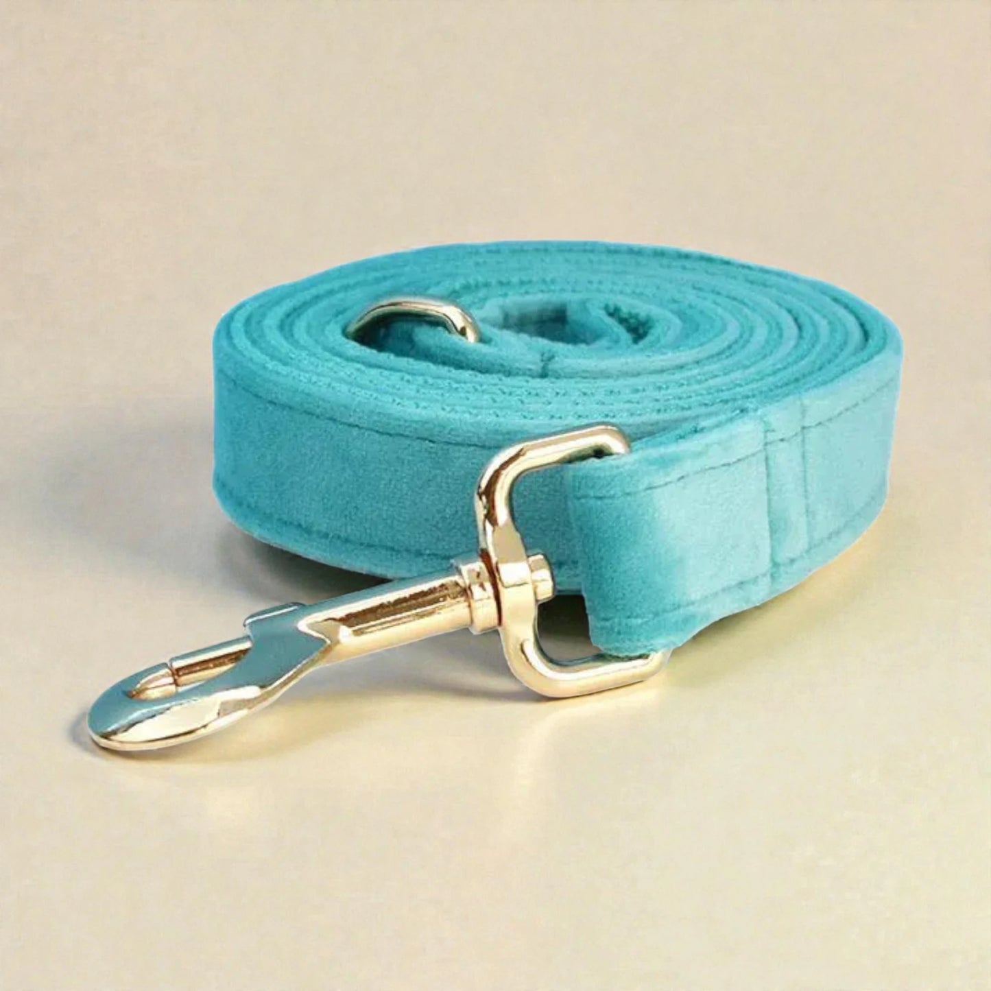 Turquoise dog lead with gold clasp on a beige background
