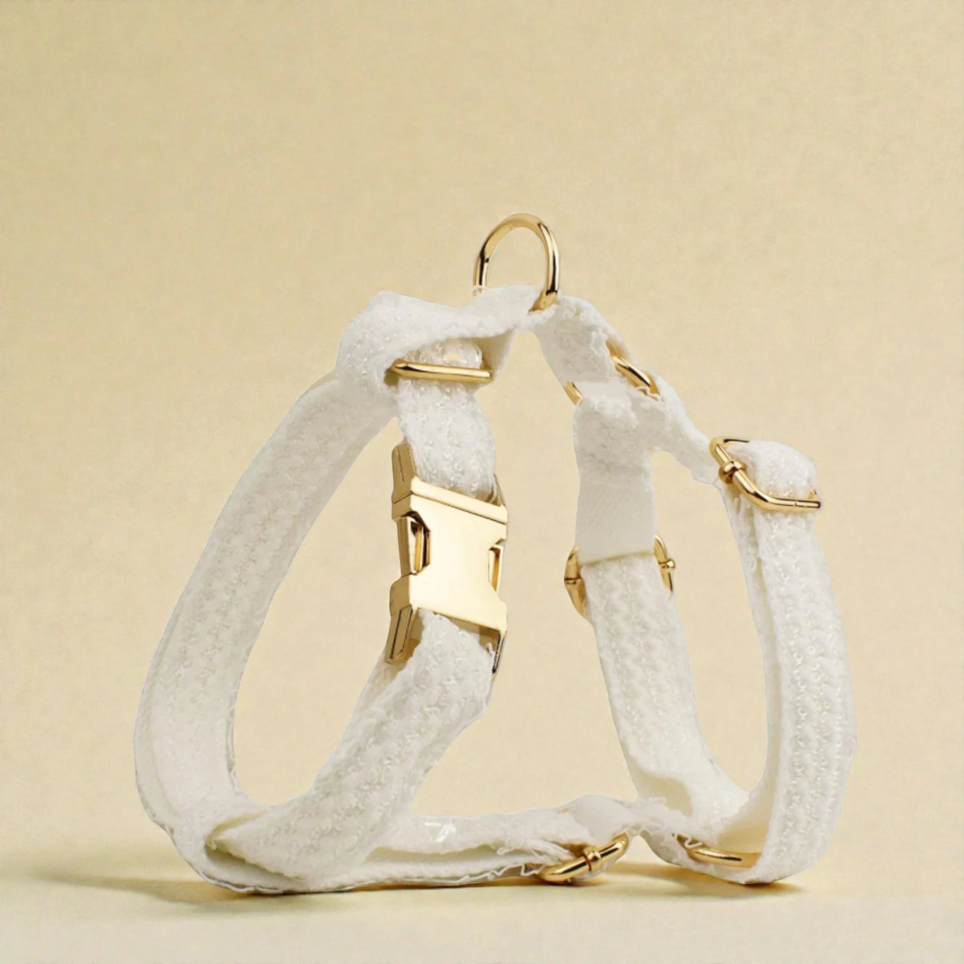 White lace dog harness with gold hardware on a beige background