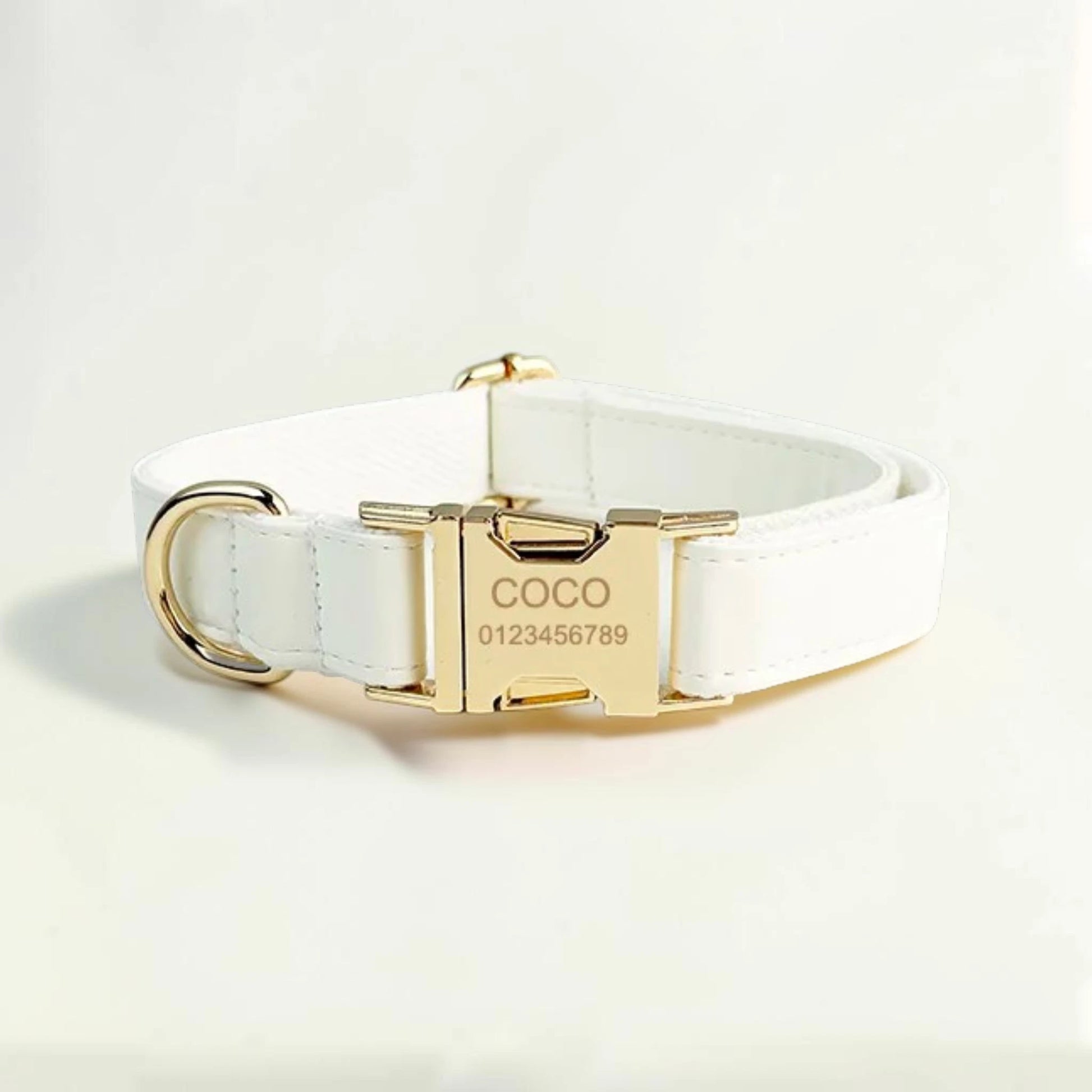 White dog collar with gold buckle and engraved details on a light background