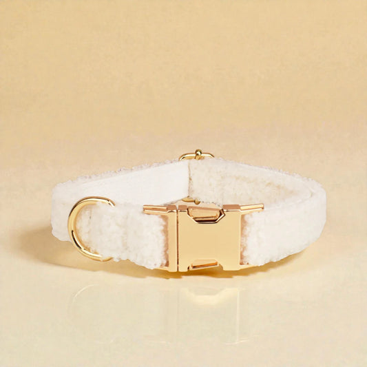 white teddy fleece dog collar with gold buckle